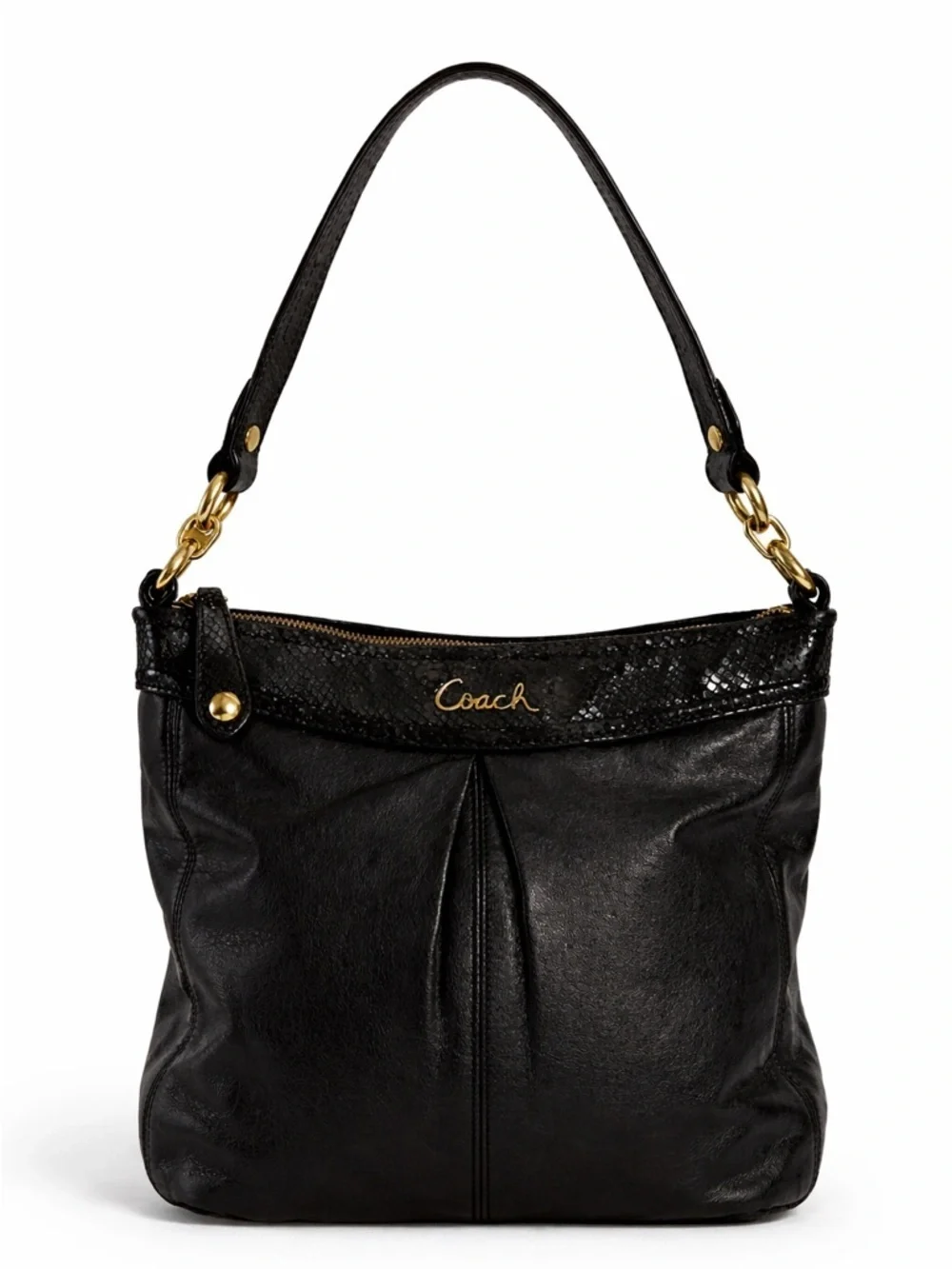 Coach Black Leather Shoulder Bag Snake Embossed Gold Hardware